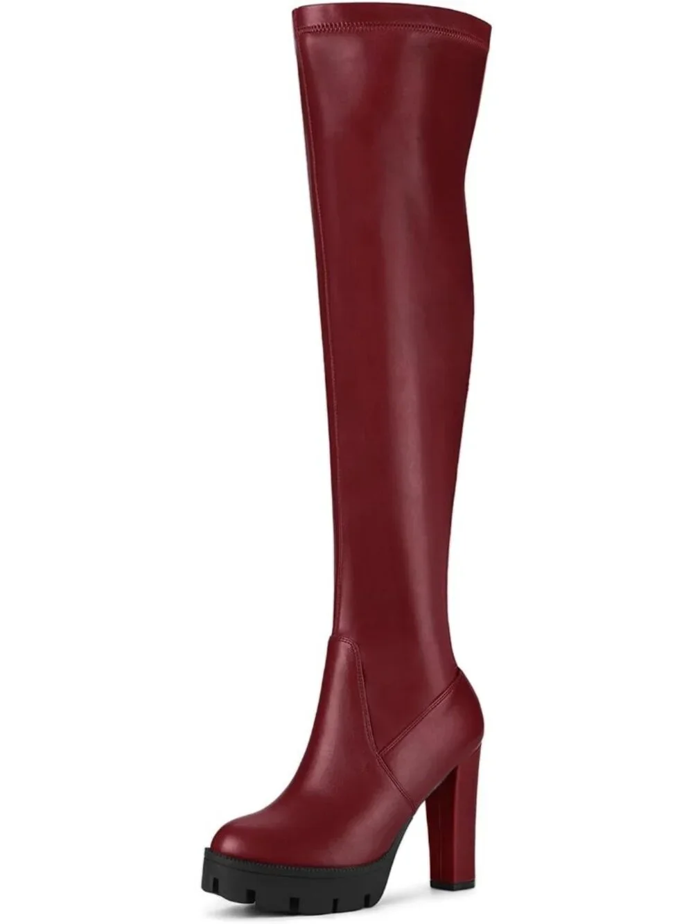 Women's Burgundy Round Toe Faux Leather Chunky Heel Over The Knee High Boots